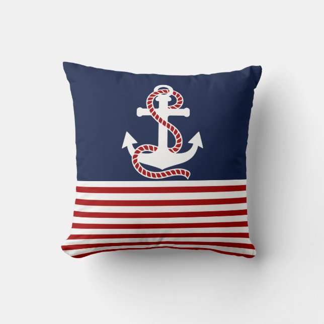 Nautical Red White Stripes en White Anchor Kussen (Voorkant)