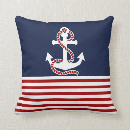 Nautical Red White Stripes en White Anchor Kussen