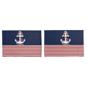 Nautical Red White Stripes en White Anchor Kussensloop