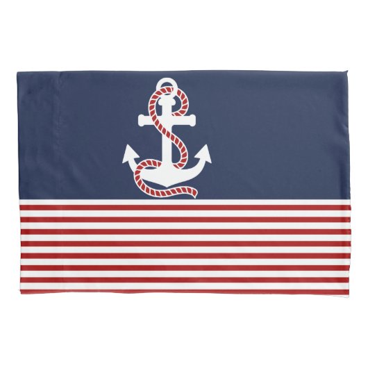 Nautical Red White Stripes en White Anchor Kussensloop (Voorkant-Links)