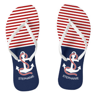 Nautical Red White Stripes en White Anchor Teenslippers