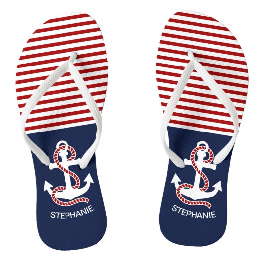 Nautical Red White Stripes en White Anchor Teenslippers (Voetbed)