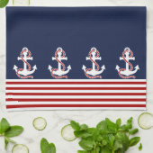 Nautical Red White Stripes en White Anchor Theedoek (Gevouwen)