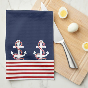 Nautical Red White Stripes en White Anchor Theedoek