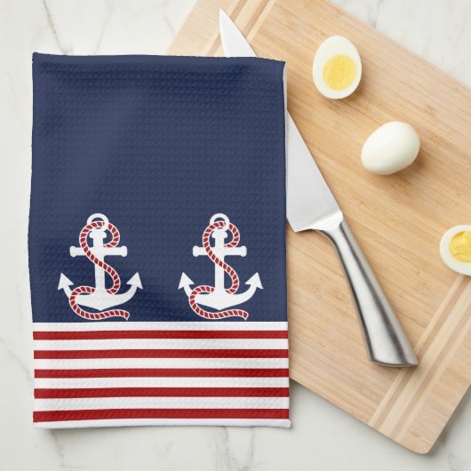 Nautical Red White Stripes en White Anchor Theedoek (Quarter Fold)