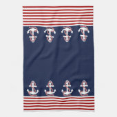 Nautical Red White Stripes en White Anchor Theedoek (Verticaal)