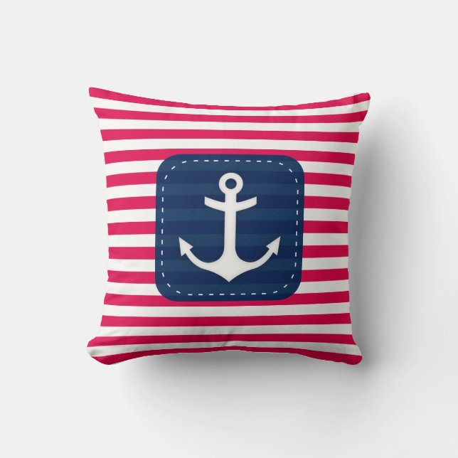 Nautical Red White Stripes Navy Blue Banner Anchor Kussen (Voorkant)