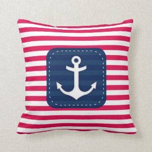Nautical Red White Stripes Navy Blue Banner Anchor Kussen