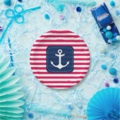 Nautical Red White Stripes Navy Blue Banner Anchor Papieren Bordje (Feest)