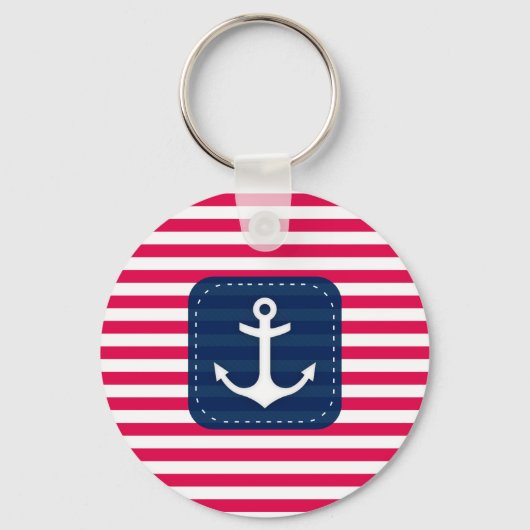 Nautical Red White Stripes Navy Blue Banner Anchor Sleutelhanger (Voorkant)