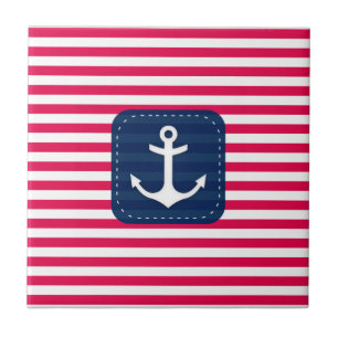 Nautical Red White Stripes Navy Blue Banner Anchor Tegeltje