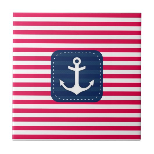 Nautical Red White Stripes Navy Blue Banner Anchor Tegeltje (Voorkant)