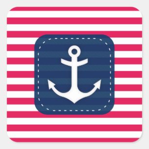 Nautical Red White Stripes Navy Blue Banner Anchor Vierkante Sticker