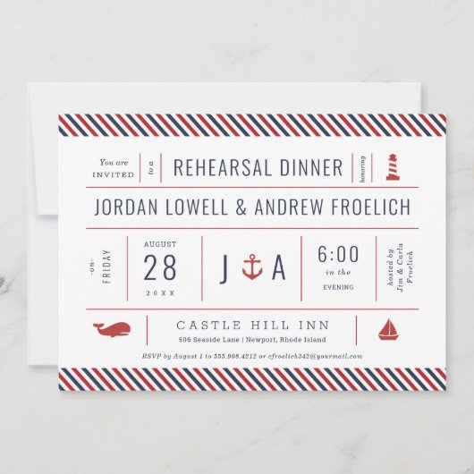 Nautical rehearal Dinner Red White Blue Aankondiging (Voorkant)