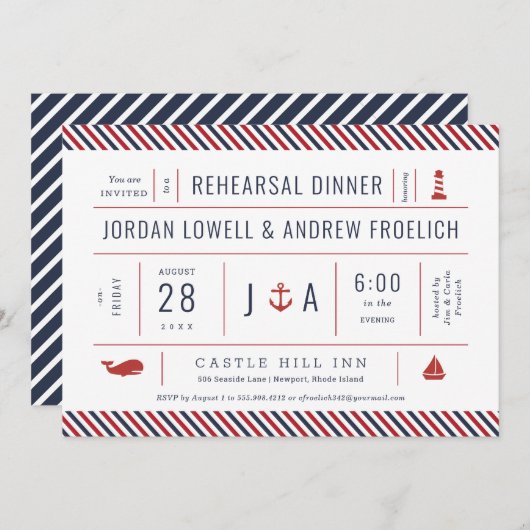 Nautical rehearal Dinner Red White Blue Aankondiging (Voorkant / Achterkant)