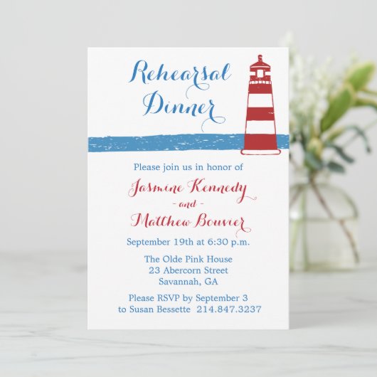 Nautical Rehearings Dinner Lighthouse Blue Stripes Kaart (Staand voorkant)