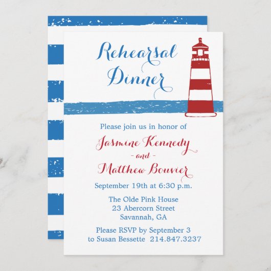 Nautical Rehearings Dinner Lighthouse Blue Stripes Kaart (Voorkant / Achterkant)