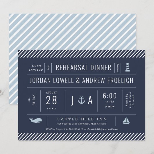 Nautical rehearsal Dinner Uitnodiging Aankondiging (Voorkant / Achterkant)