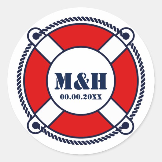 Nautical rescue ringboei monogram trouwsticker ronde sticker (Voorkant)