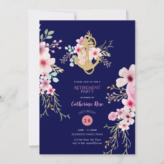 Nautical Retirement nodigt Navy Blue Pink Floral u Kaart (Voorkant)