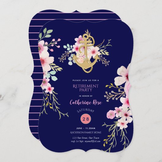 Nautical Retirement nodigt Navy Blue Pink Floral u Kaart (Voorkant / Achterkant)