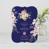 Nautical Retirement nodigt Navy Blue Pink Floral u Kaart (Staand voorkant)