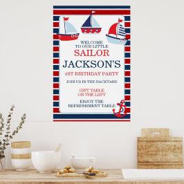 Nautical Rood en Blauw Zeilboten Jongens 1e Verjaa Poster