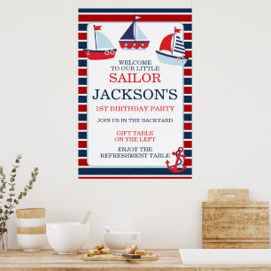 Nautical Rood en Blauw Zeilboten Jongens 1e Verjaa Poster