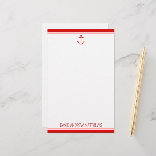 Nautical Rood en Wit Anker Persoonlijk Briefpapier (Voorkant / Achterkant in situ)