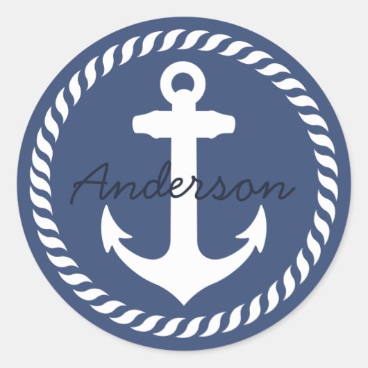 Nautical Rope Anchor, Navy Blue White Ronde Sticker (Voorkant)