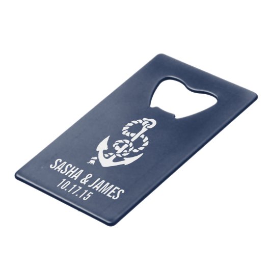 Nautical Rope & Anchor Personalized Wedding Favor Creditkaart Flessenopener (Voorkant Gekanteld)
