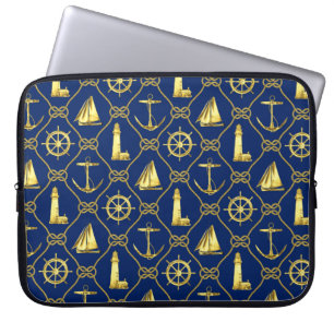 Nautical Rope Anker Zeilboot Marine Blauw Goud Laptop Sleeve