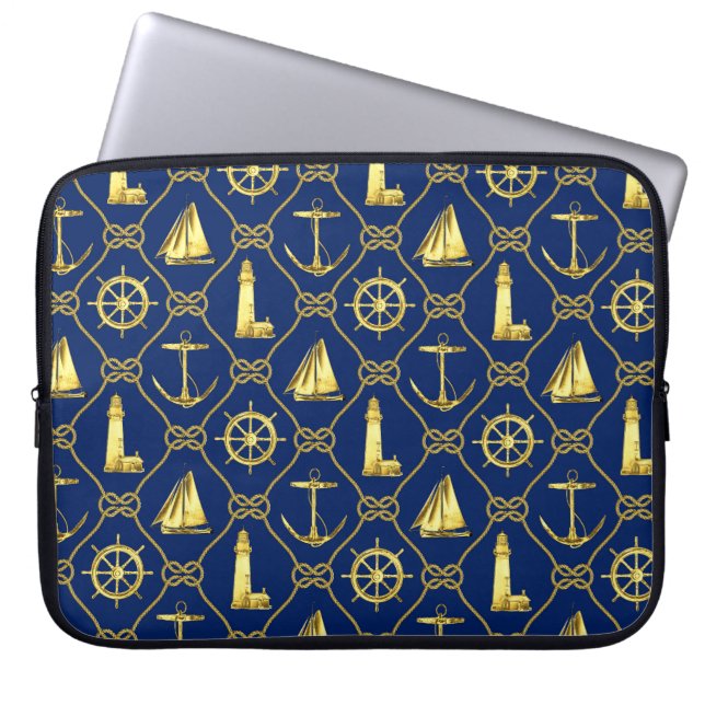 Nautical Rope Anker Zeilboot Marine Blauw Goud Laptop Sleeve (Voorkant)
