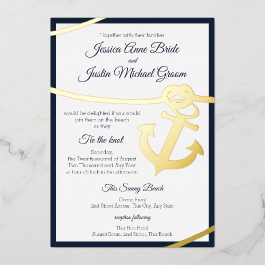 Nautical Rope en Anchor Wedding Folie Uitnodiging (Voorkant)