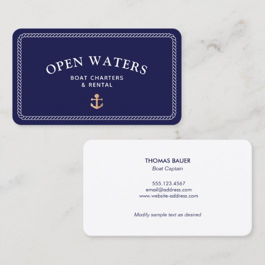 Nautical Rope Gold Boat Anchor Navy Visitekaartje (Voorkant / Achterkant)