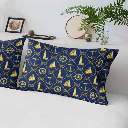 Nautical Rope met Knots Navy Blue Gold Kussensloop