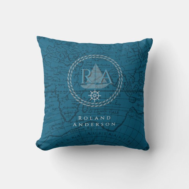 Nautical Rope Monogram Map Blue Kussen (Voorkant)