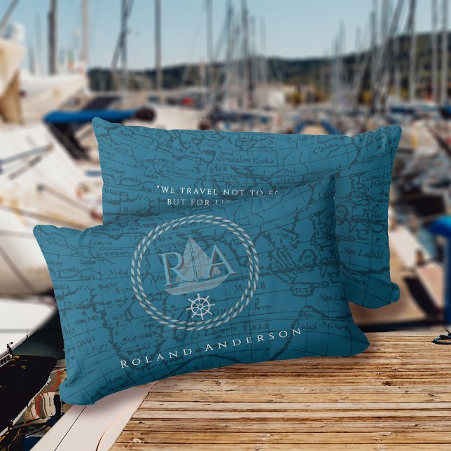 Nautical Rope Monogram Map Blue Kussen (Nautical Map Monogram Traveller Blue Accent Pillow.)