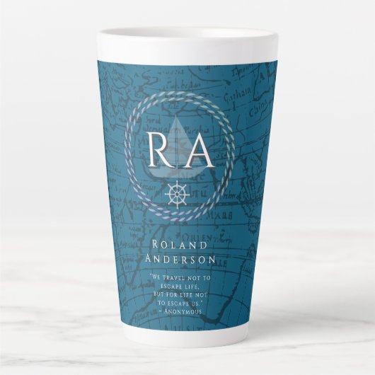 Nautical Rope Monogram Map Blue Latte Mok (Voorkant)