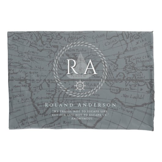 Nautical Rope Monogram Map Grey Kussensloop (Voorkant)