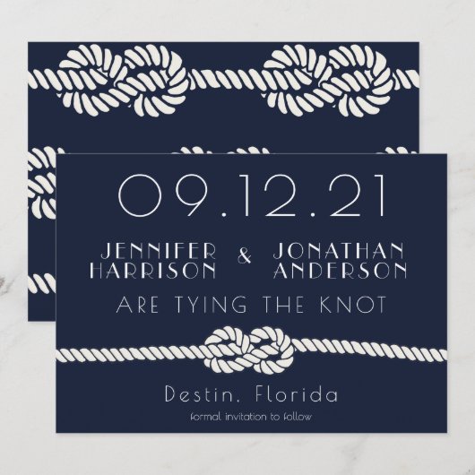 Nautical Rope Navy White Beach Wedding Typografie Save The Date (Voorkant / Achterkant)