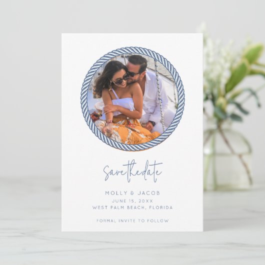 Nautical Rope Photo Wedding Save the Date (Staand voorkant)