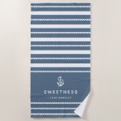 Nautical Rope Stripe & Anchor Boat Name Strandlaken (Voorkant)
