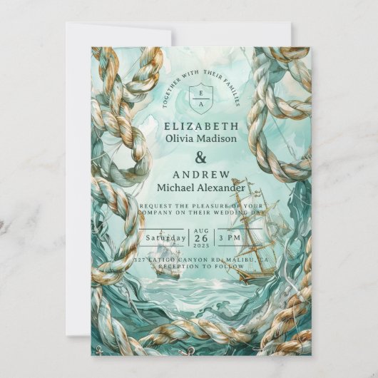 Nautical Rope Voyage Wedding Kaart (Voorkant)