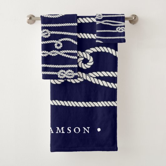 Nautical Ropes Navy & White Family Name Bad Handdoek (Insitu)