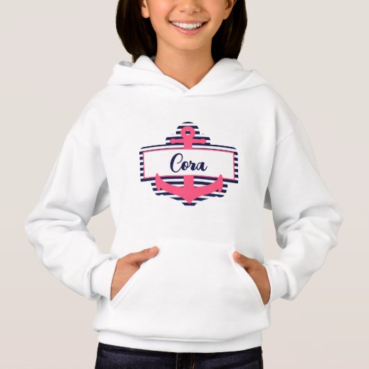 Nautical Roze en Navy Blue Anker Naam Hoodie (Voorkant)