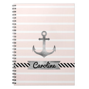 Nautical roze stripes Waterverf Anchor Aangepast Notitieboek
