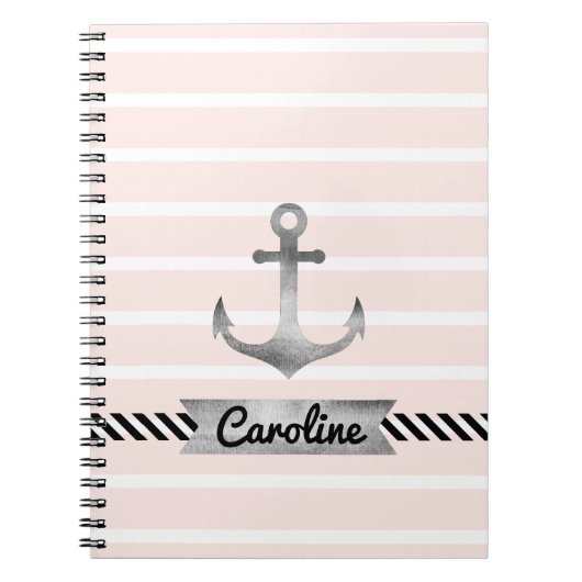 Nautical roze stripes Waterverf Anchor Aangepast Notitieboek (Voorkant)