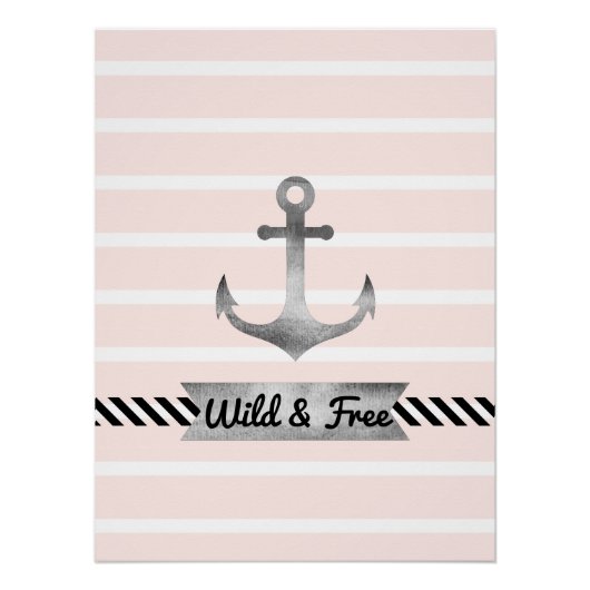 Nautical roze stripes Waterverf Anchor Aangepast Poster (Voorkant)