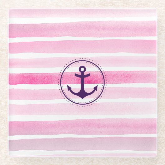 Nautical roze Waterverf Stripes Trendy Anchor Glazen Onderzetter (Voorkant)